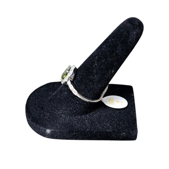 Silver Tone White Topaz Smokey Olive Tourmaline Halo Diamante CZ Ring New Size 7 - Picture 3 of 7